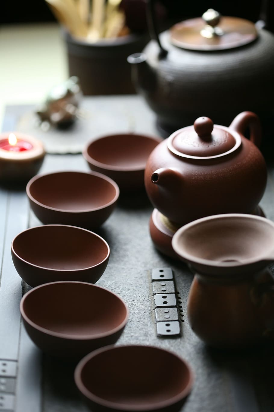 marrón, té, conjunto, fotografía, tetera, taza de té, zen, en el interior, cerámica, mesa