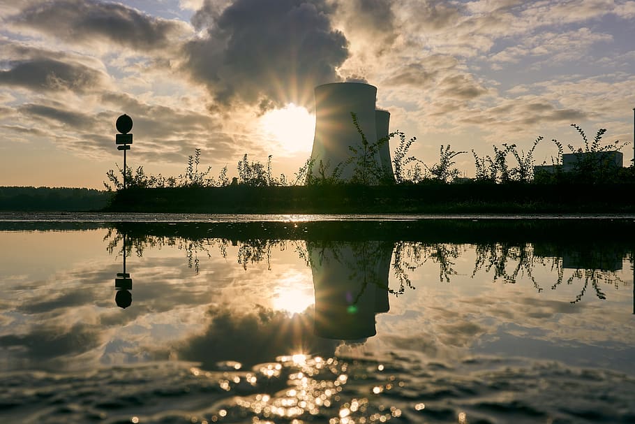 nuclear power plant, cooling tower, sunrise, puddle, mirroring, mood, rhine, river, low tide, nuclear power