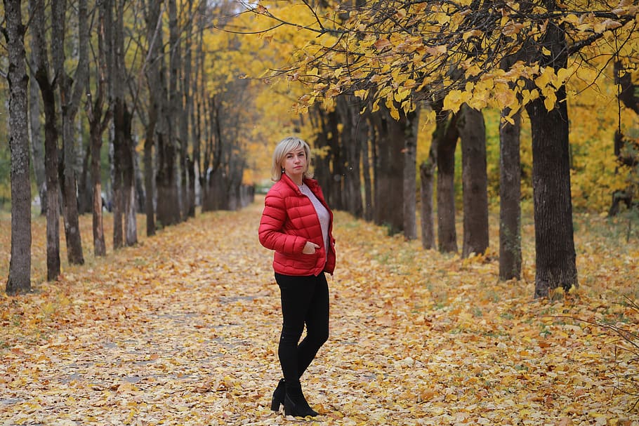 woman, autumn, red, jacket, leaves, trees, nature, wall, tribune, ladder