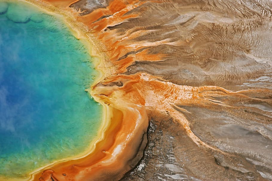 aerial, photography, mountain, body, water, grand prismatic spring, hot, thermal, nature, volcanic