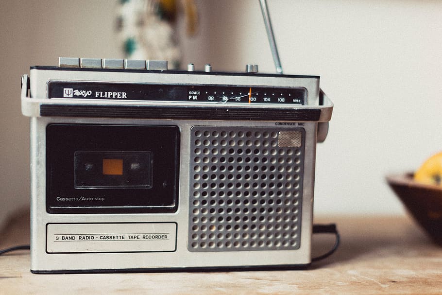 gray fm radio, white, black, flipper, cassette, player, cassette player, tape recorder, boombox, music player