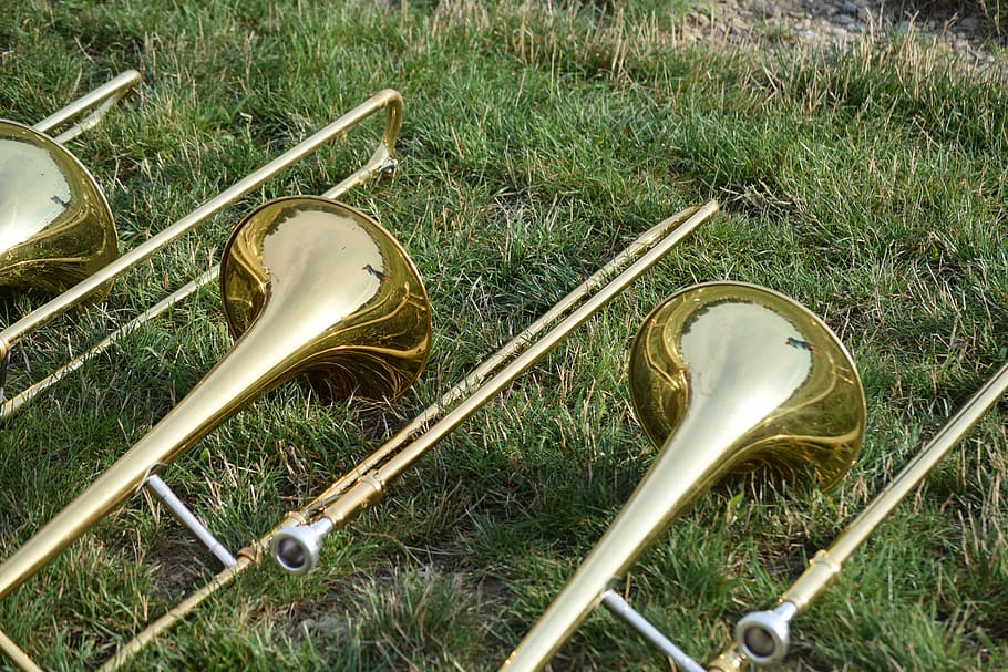 three, trombones, grass field, music, musical instruments, horns, brass, band, marching, grass