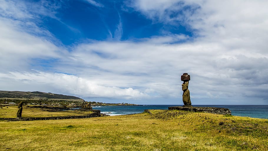 brown, concrete, statue, sea, daytime, the scenery, easter island, blue sky, rapa nui, the pacific ocean