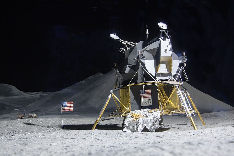 gray, satellite, American flag, moon landing, lunar module eagle, space travel, controlled landing, ache, moon, apollo 11