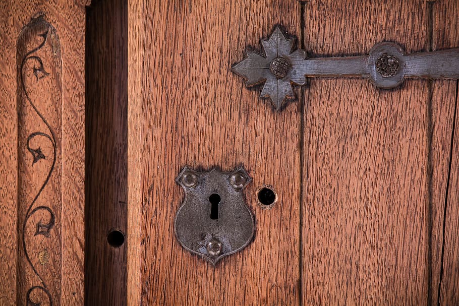 hitam, lubang kunci baja, coklat, kayu, pintu, lubang kunci, lubang, logam, pas, ornamen