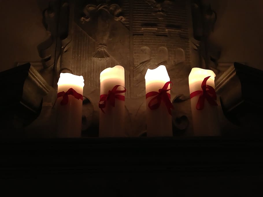four, lighted, white, pillar candles, light, candle wax, candles, advent, fourth sunday of advent, christmas