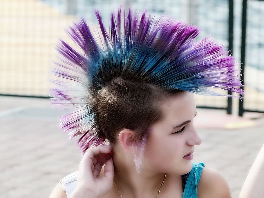 woman, purple, blue, mohawk hairstyle, girl, blue hair, hair dresser, young, youth, punk