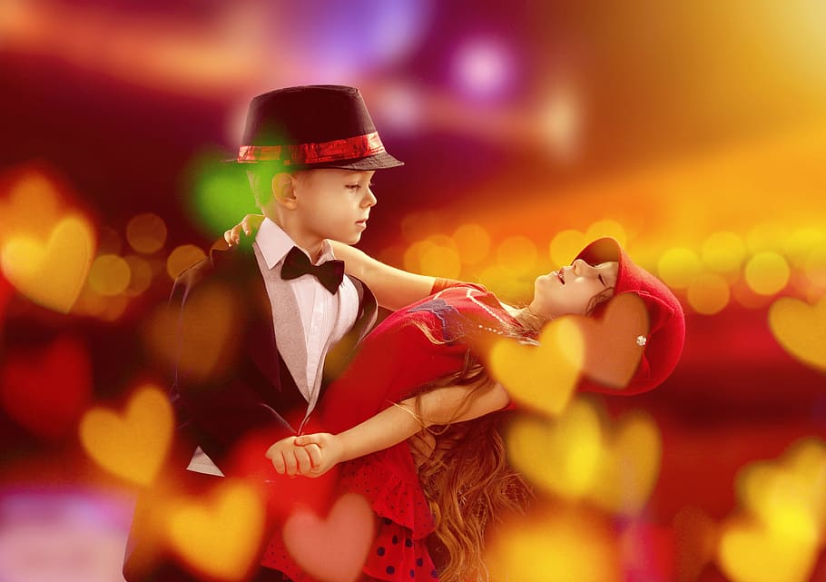 gadis, anak laki-laki menari tango, menari, anak-anak, cinta, imut, cahaya, pesta, natal, penari