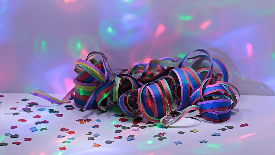 multicolored, ribbon, top, white, surface, lights, streamer, carnival, party, colorful