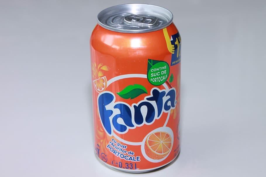 fanta juice pop, Aluminum, Can, Coca-Cola, Cylinder, aluminum, can, drink, fanta, orange, soda