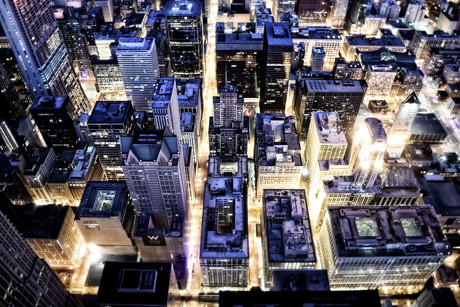 arquitetura, edifícios, escritório, residencial, cidade, luzes, noite, arranha-céus, urbano, metrô
