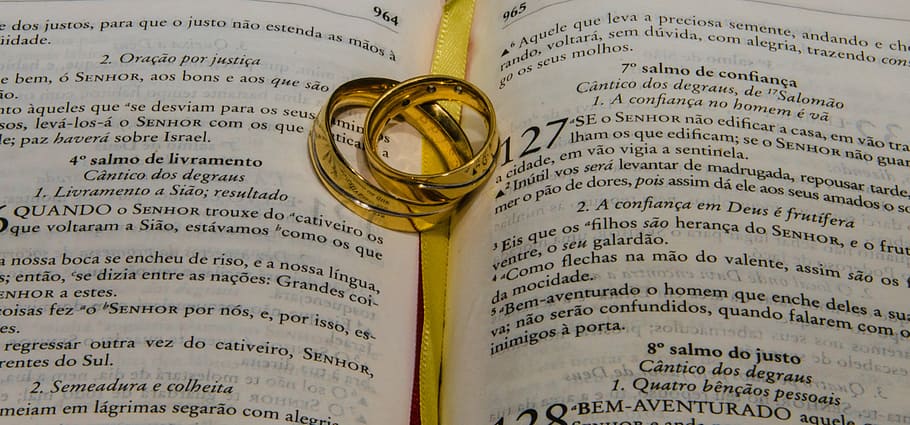 gold-colored wedding ring, set, open, bible, alliance, marriage, prayer, blessing, union, love