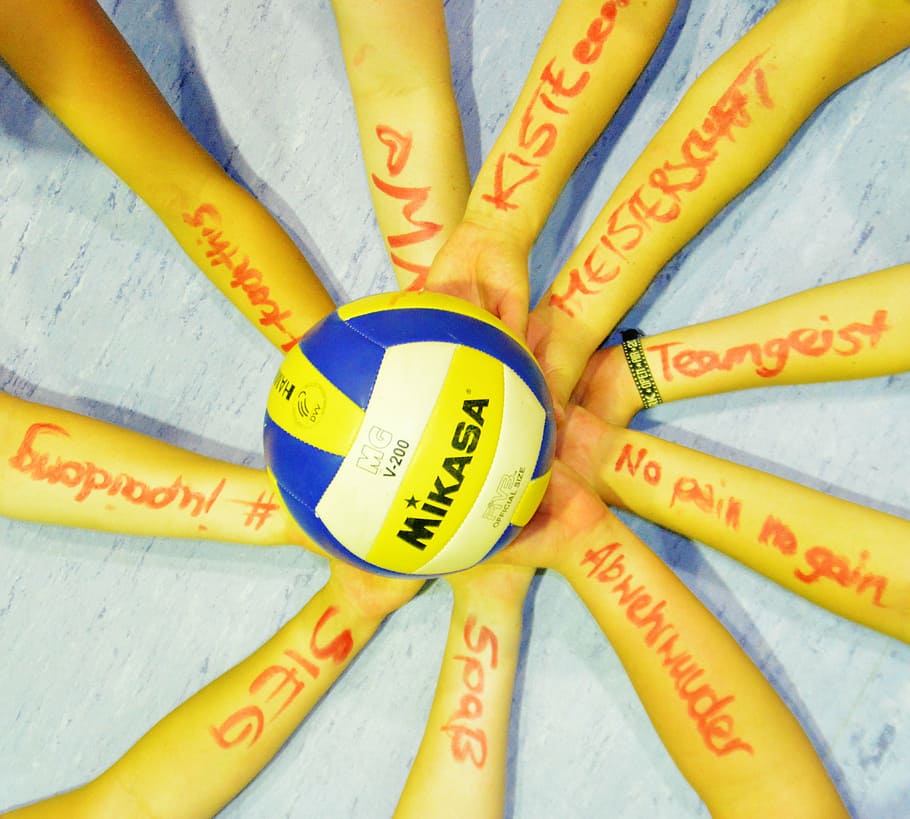 close-up photo, yellow, blue, mikasa volleyball ball, volleyball, team, team sport, network, fairness, together