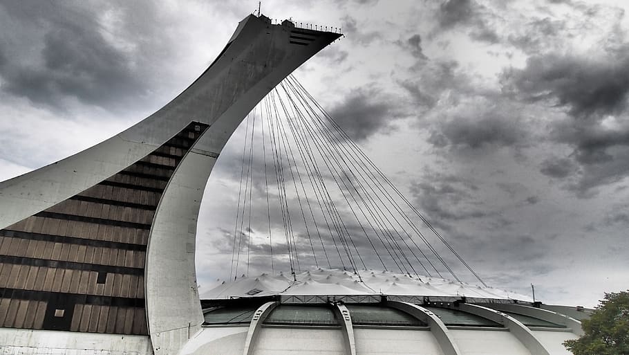 stadium, olympia, sport, olympic stadium, montreal, separated by comma lichtmast, cloud - sky, sky, architecture, built structure