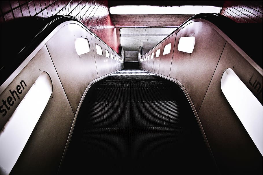 brown, black, escalator, photography, subway station, transportation, staircase, steps, travel, mode of transport