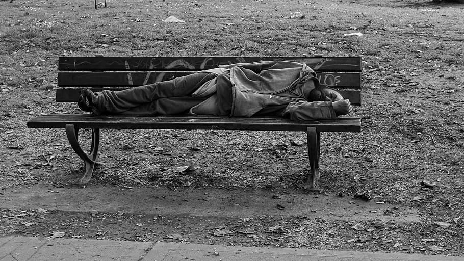 fotografía en escala de grises, vistiendo, chaqueta, durmiendo, madera, banco, borracho, hombre, calle, pobreza