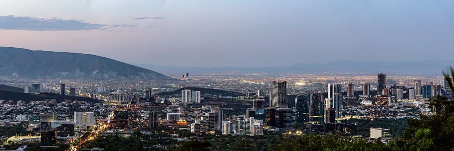 edificios, montaña, azul, cielo, Panorama, Monterrey, México, Puesta de sol, mexico, crepúsculo
