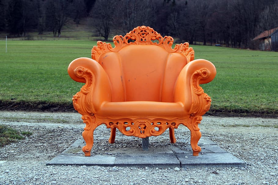 naranja, sillón de cuero, verde, campo, cuero, sofá, silla, campo verde, asiento, banco