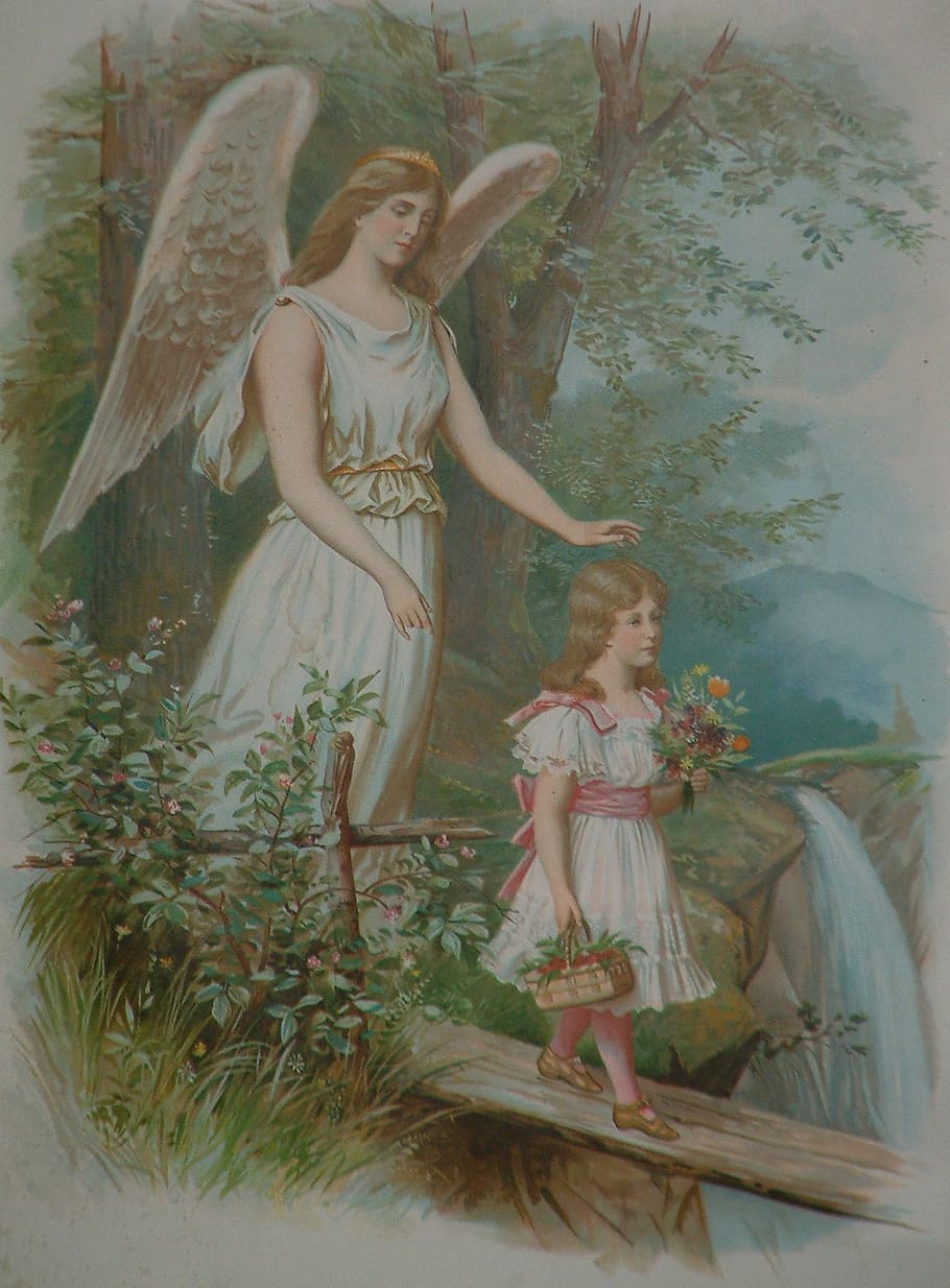 angel, behind, girl, walking, bridge painting, guardian angel, security, women, real people, leisure activity