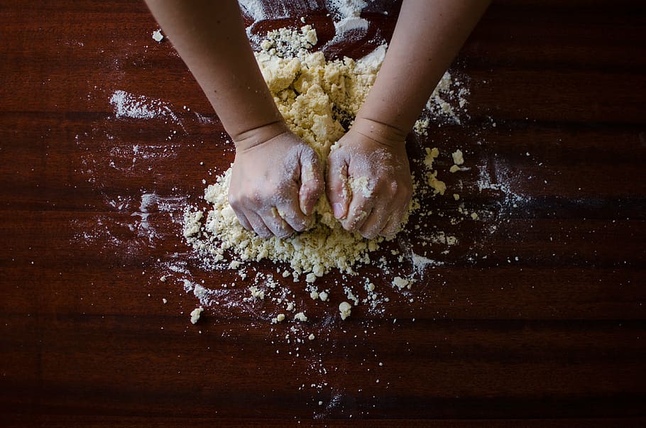 person, holding, flour photo, dough, floor, baking, kitchen, chef, food, hands