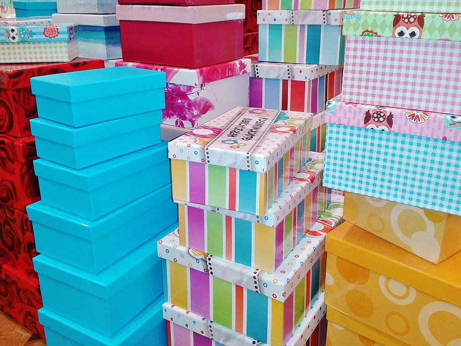 assorted-color gift box lot, Cardboard Boxes, Cans, gift boxes, boxes, paper boxes, paper box, gift box, deco, colorful