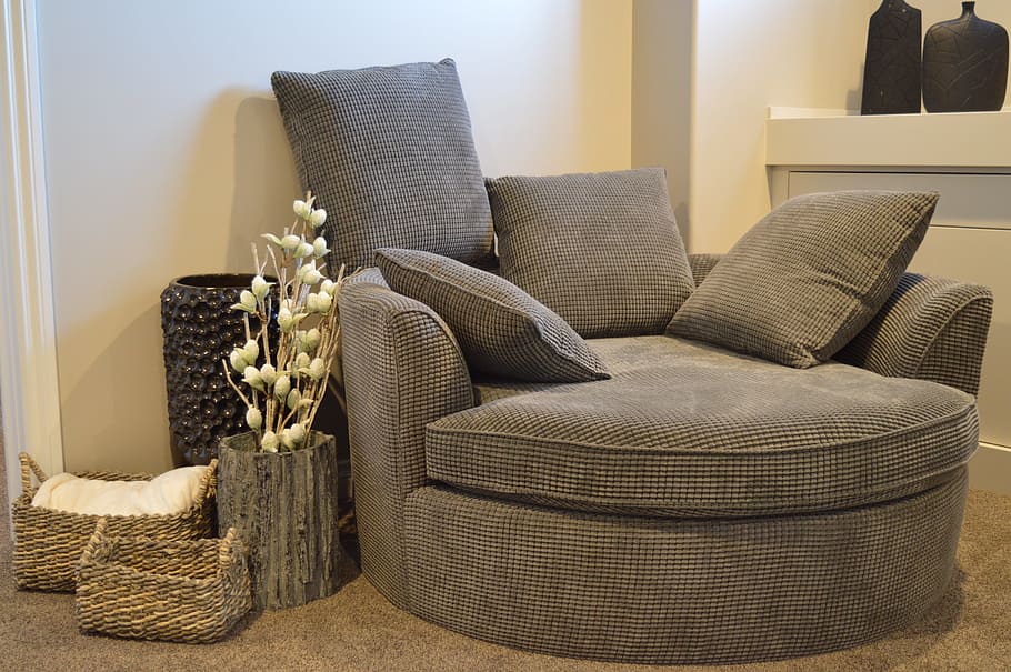 grey, fabric chair, white, wall paint, sofa, chair, furniture, comfortable, armchair, living room