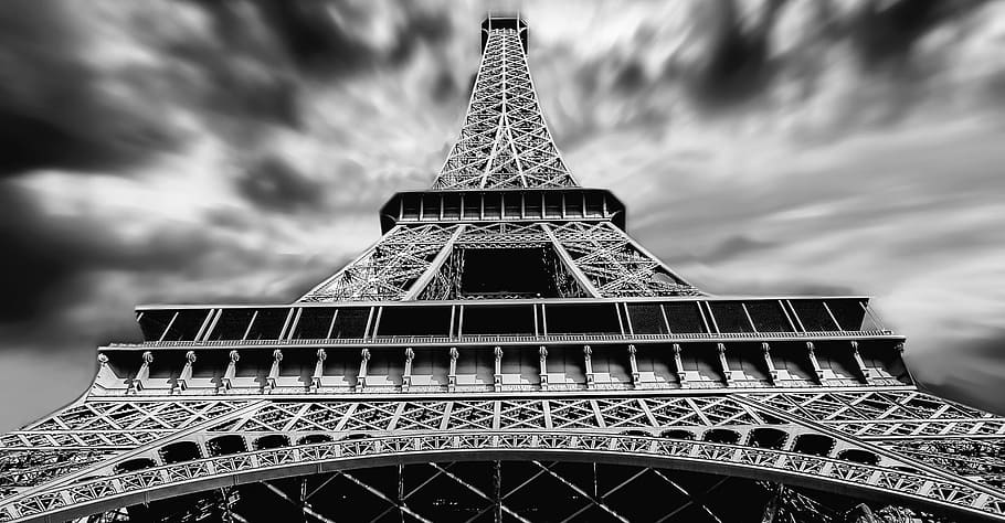 low-angle grayscale photo, eiffel tower, paris, city, history, architecture, b w, black, paris tower, travel destinations