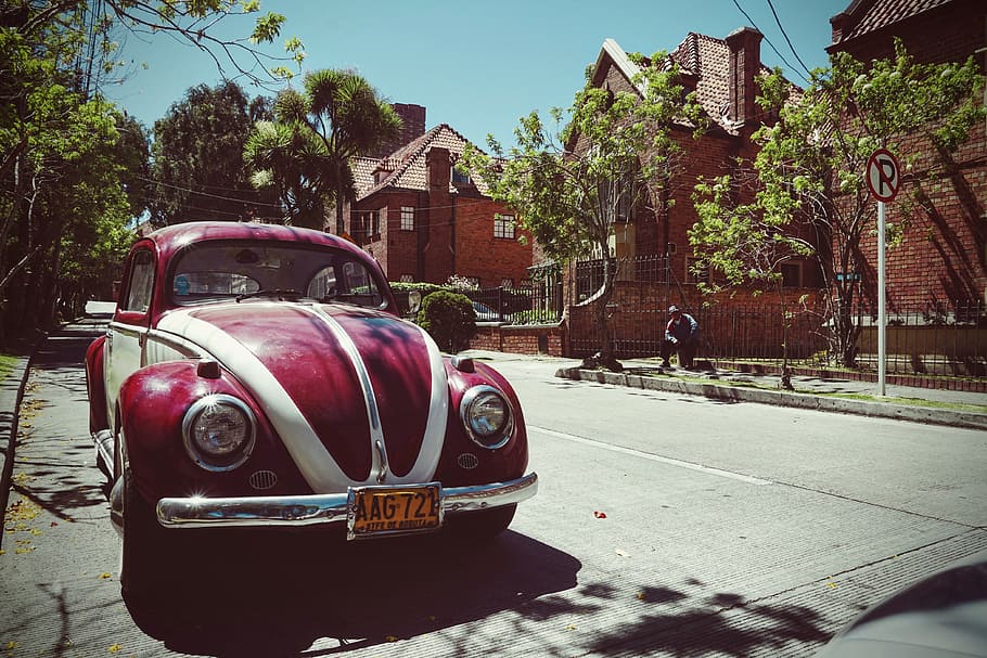 diparkir, merah, volkswagen beetle coupe, mobil vintage, old beetle, cool, retro, sixties, vw, moda transportasi
