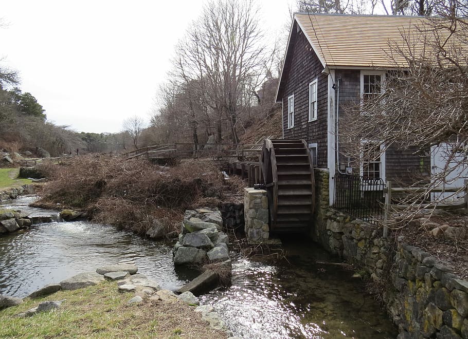 Grist Mill, Water Wheel, Countryside, rural, barn, brewster, cape cod, water, stream - flowing water, watermill