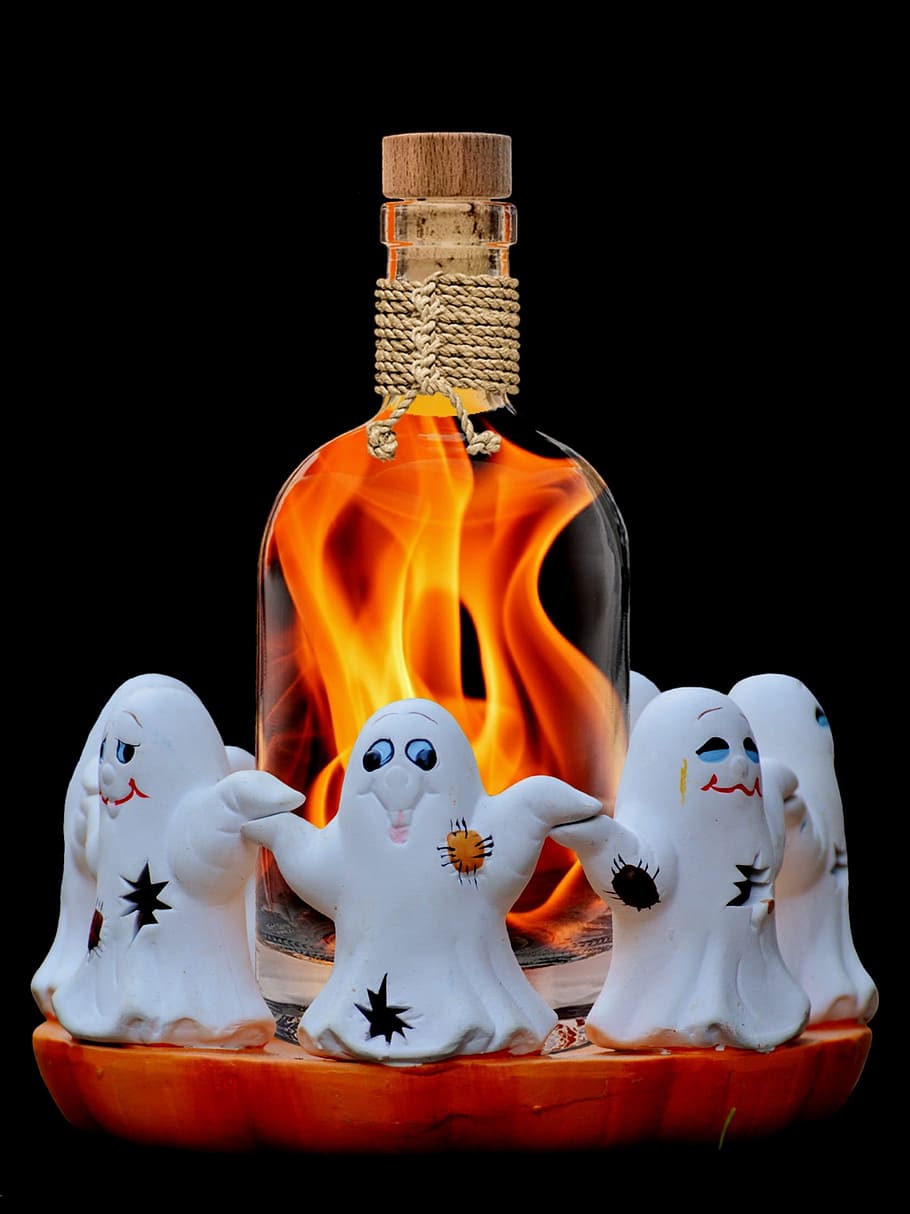 halloween decoration, halloween, ghosts, ghost, bottle, fire water, flame, fiery, group, cute