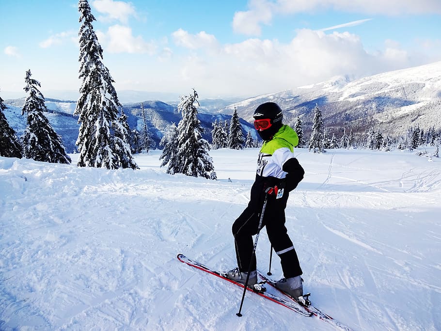 persona, vistiendo, traje de esquí, nevado, campo, esquiador alpino, invierno, esquís, nieve, montañas