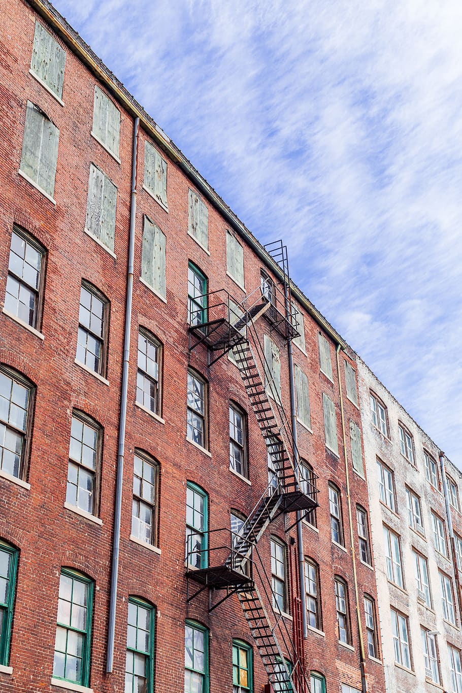 building, fire, fireescape, architecture, apartment, abandoned, house, window, low angle view, built structure