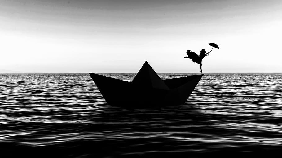 grayscale photo, boat, body, water, Dancing, Origami, Ocean, Black And White, sea, silhouette