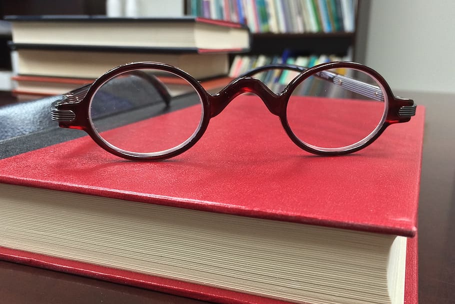 round, brown, framed, red, hardbound, book, Glasses, Spectacles, Office, Eyeglasses