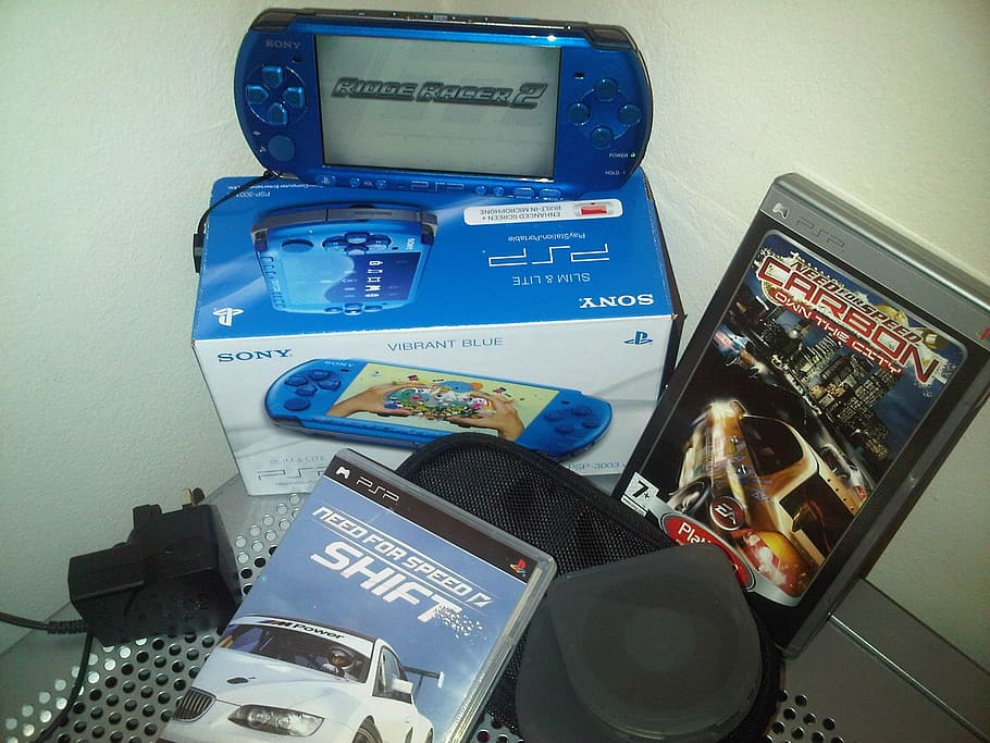 blue, sony psp, two, game acses, Gaming Console, Psp, Game Console, handheld, computer game, console