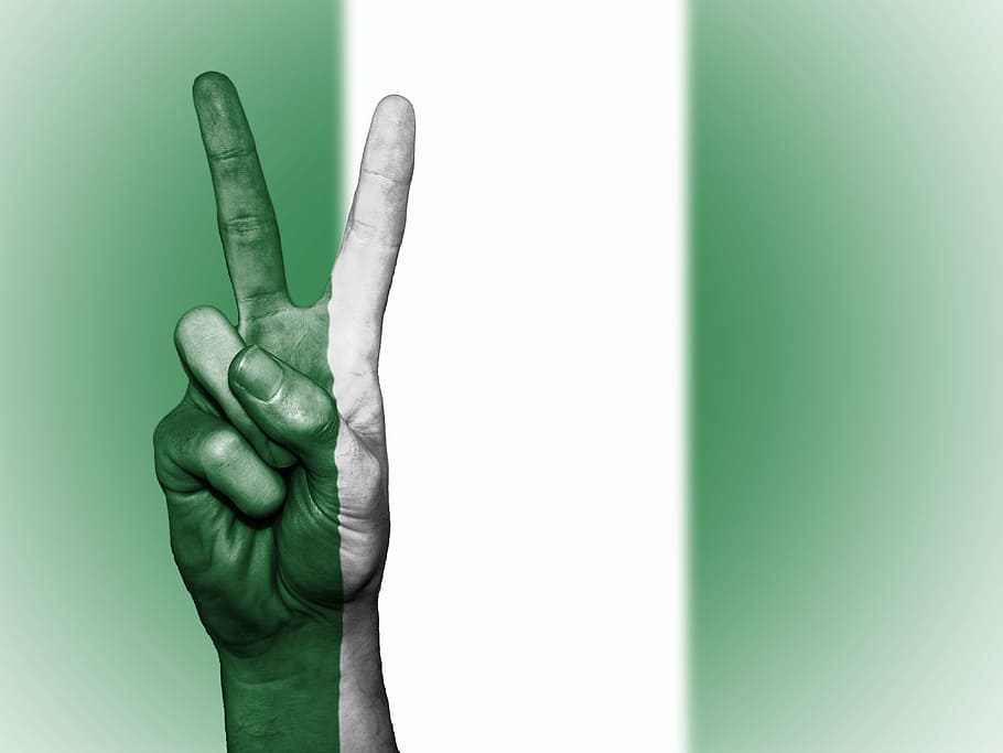 persona, mano, fabricación, signo de la paz, Nigeria, paz, nación, fondo, bandera, colores