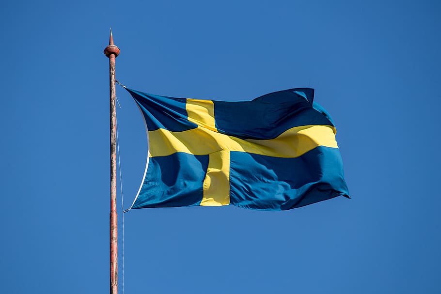 flag, sweden, flutter, wind, sky, blow, blue, patriotism, yellow, clear sky