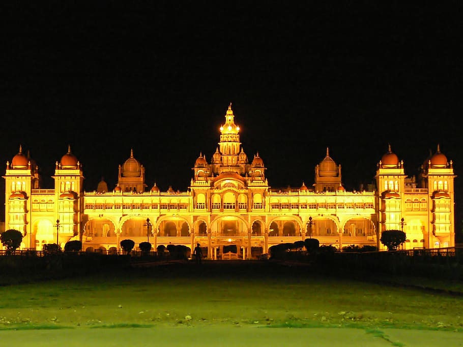 mysore palace, architecture, illuminated, night, karnataka, india, landmark, tower, building, asia