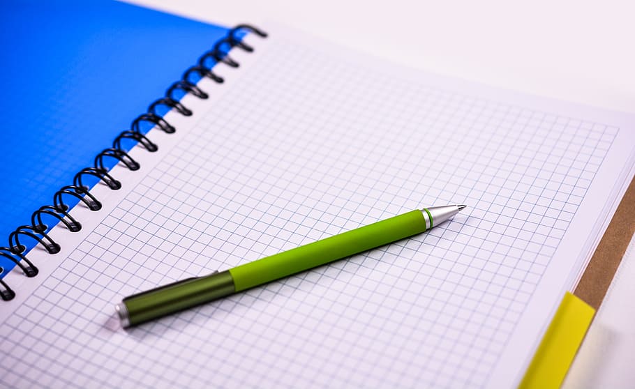 green, click pen, graphing paper, notebook, pen, paper, office, business, pen and paper, white