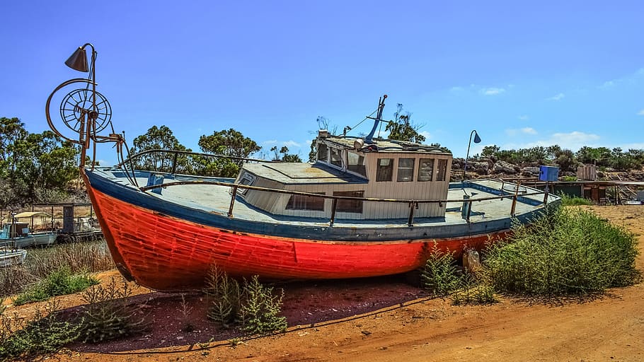 boat, old, abandoned, aged, weathered, withdrawal, retirement, potamos liopetri, cyprus, nautical vessel