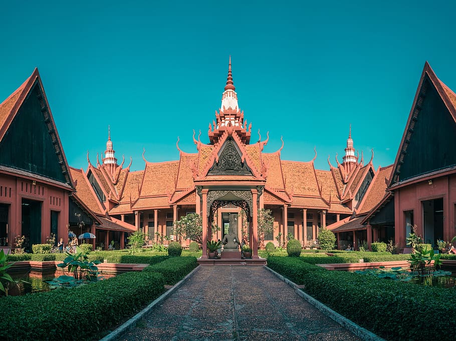 brown, black, temple, garden, architectural, photography, Cambodia, Phnom Penh, National Museum, museum