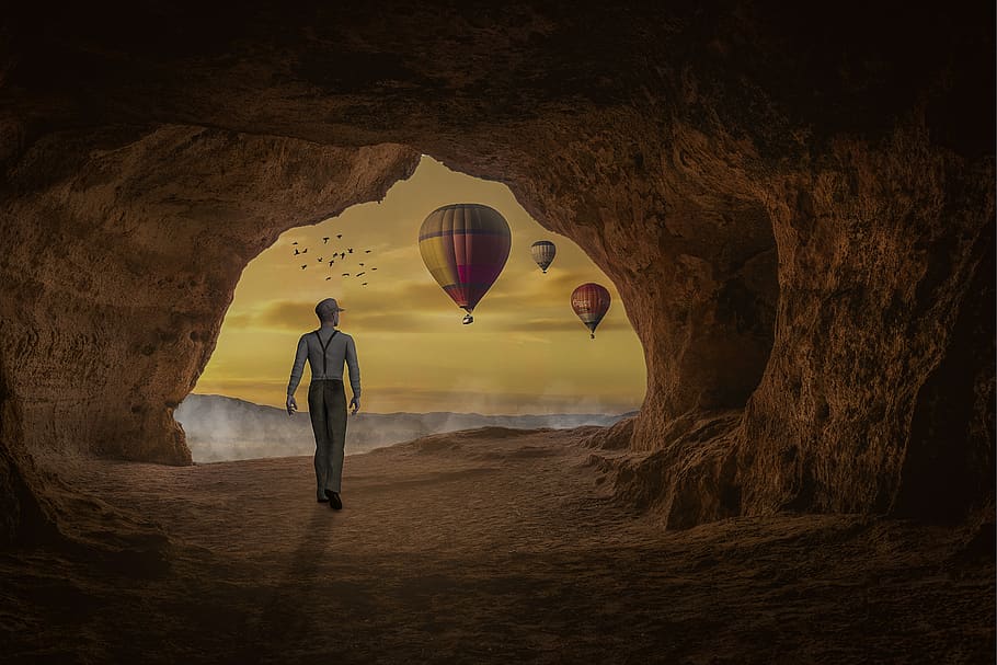 manipulation, cave, hot air ballons, balloons, flying, person, male, figure, fog, birds