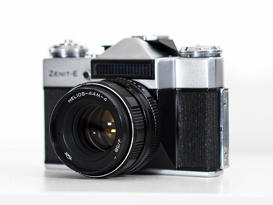 black, silver zenit-e slr camera, film, equipment, classic, isolated, lens, retro, optical, old
