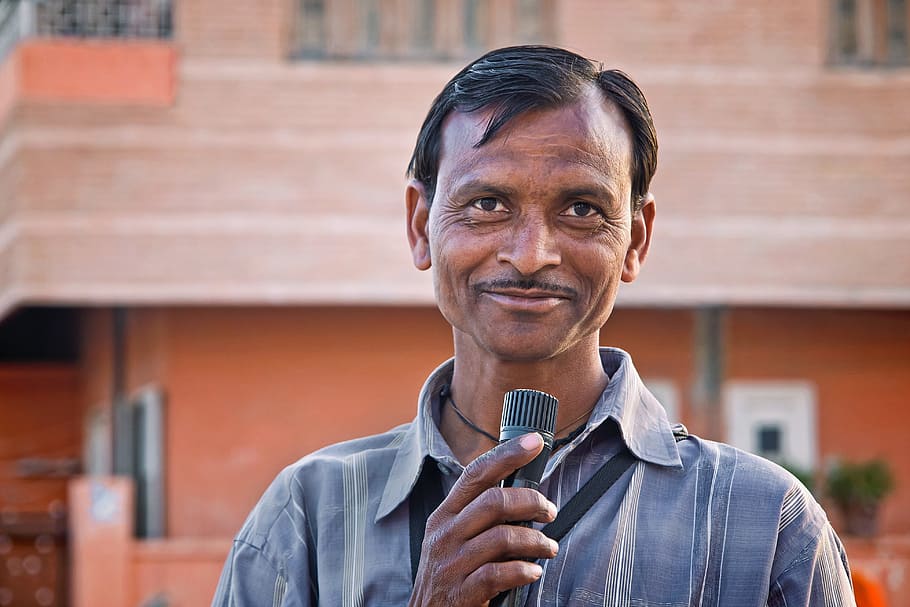 man, holding, black, microphone, smiling, india, asia, portrait, sudra, tourism