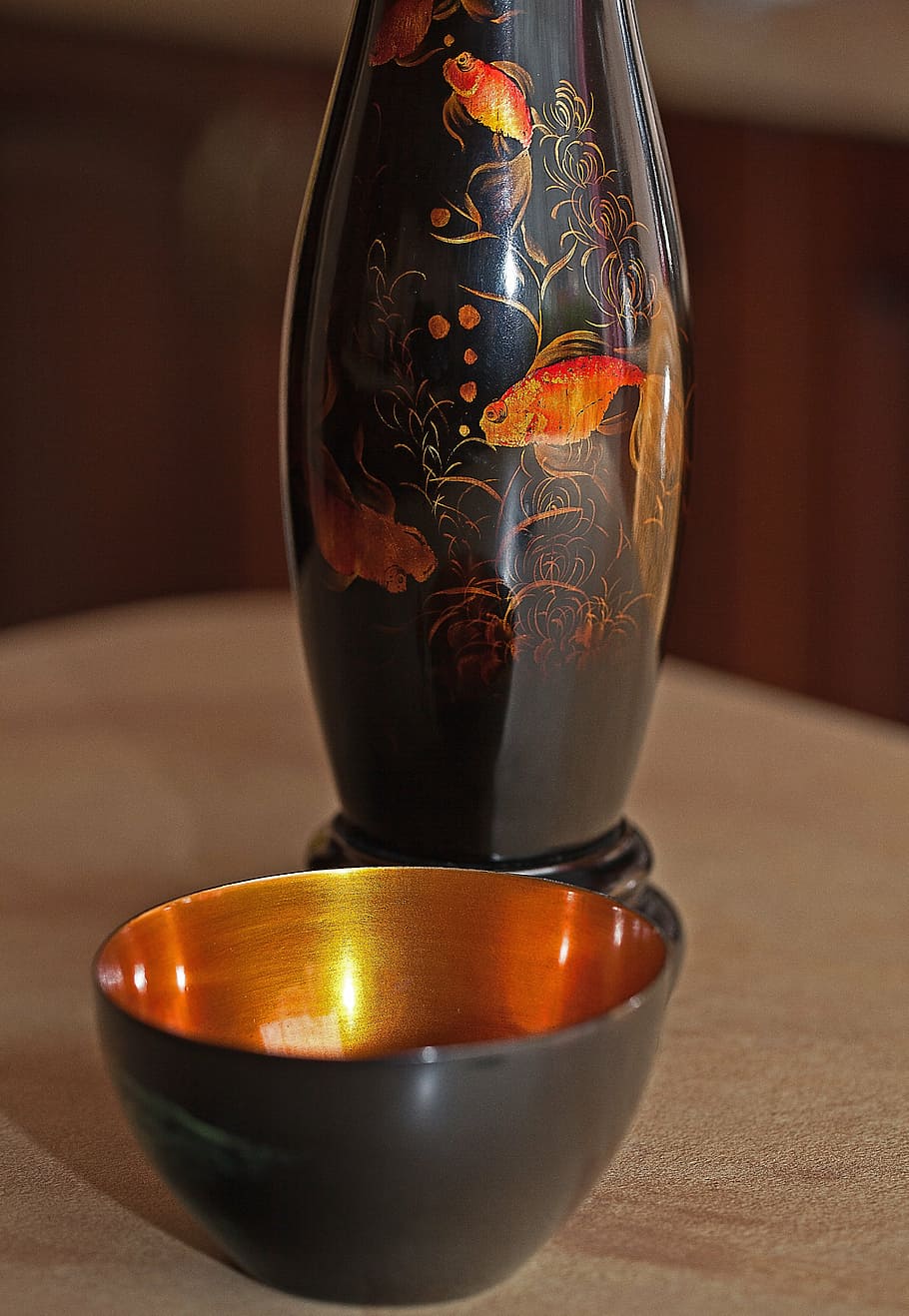 flakon, the goblet, bowl, a stylized, chinese, japanese, black, golden, gloss, reflection