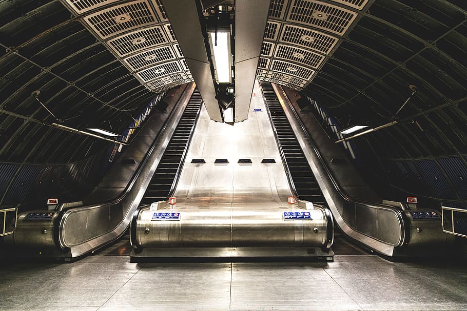 grande angular, escada rolante, londres, metro, tiro, metrô de Londres, urbano, metrô, transporte, viagem