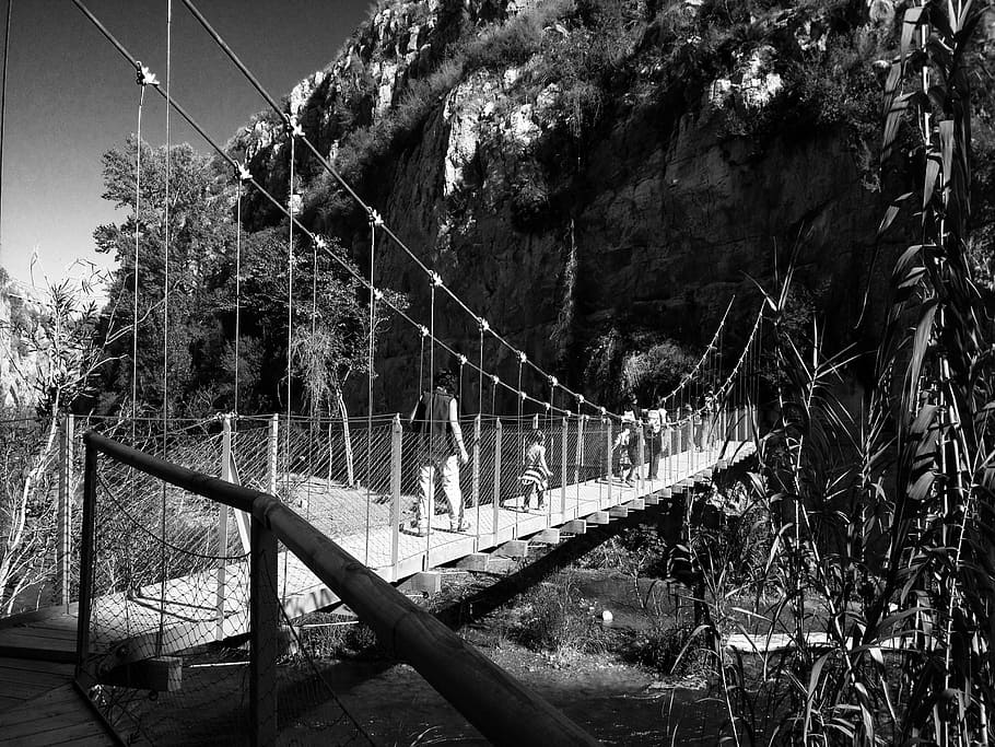 bridge, river, pendant, gateway, landscape, mountain, black and white, valley, natural canyon, water