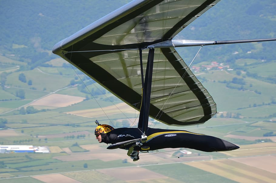 person hang gliding, hang gliding, delta-wing, meeting, competition, day, air vehicle, nature, sky, airplane