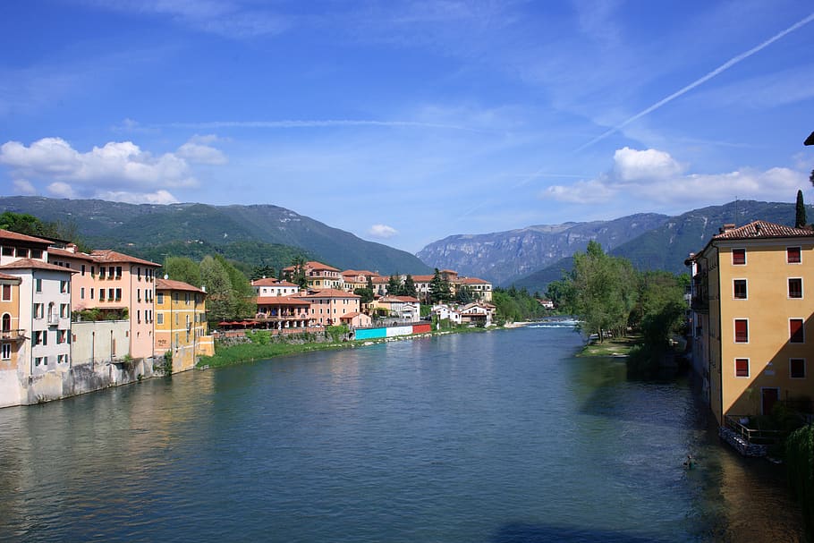 river, bassano del grappa, mountain, alpini, italy, veneto, landscape, the river brenta, alps, architecture