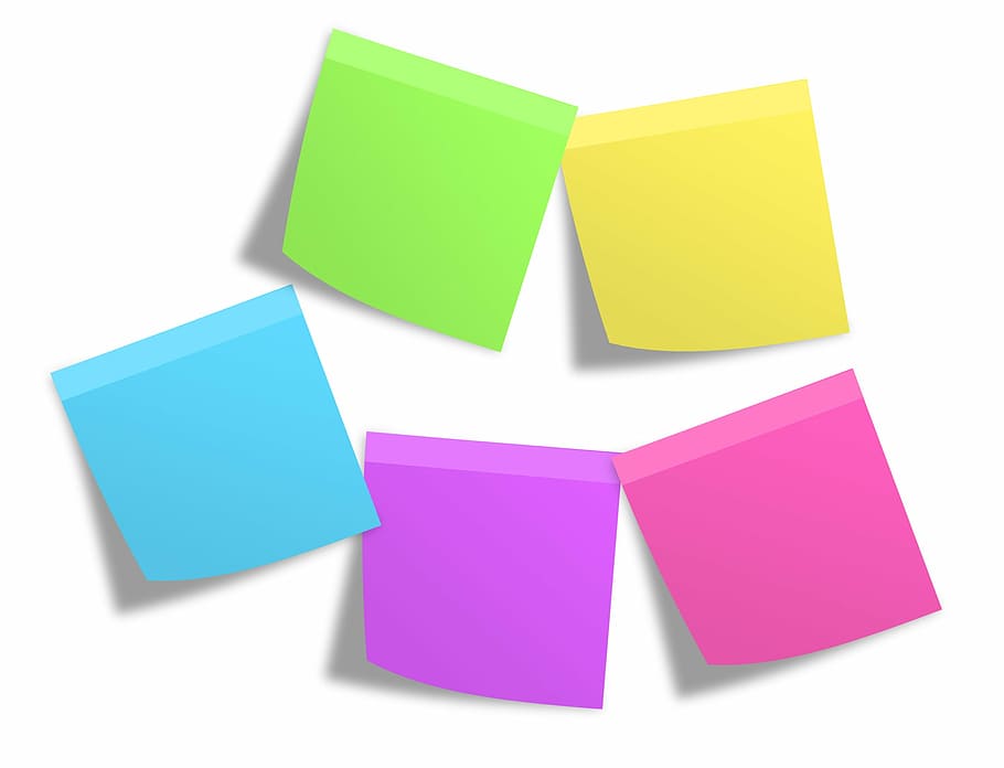 five, assorted-color square tiles graphics, postit, memos, notes, colorful, post it, list, paper, embassy